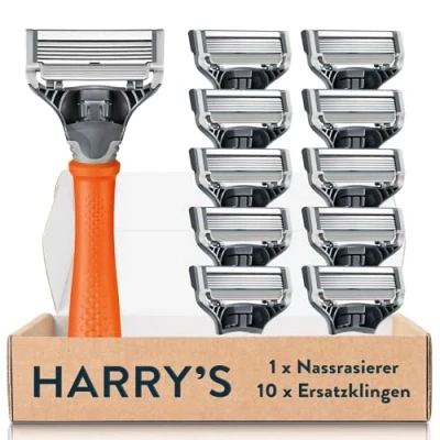 Abbildung von Harry’s Nassrasierer für Männer Rasier Set mit orangefarbenem Griff, 10 Ersatz Rasierklingen Rasierer, Rasierklingen, Herren, Klingen Männer,