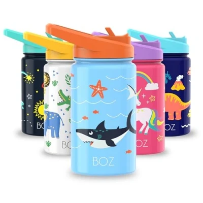 Abbildung von BOZ Kinder Trinkflasche 400 ml Thermoflasche Auslaufsicher Doppelwandige Edelstahl Mit Strohhalm (Fische)