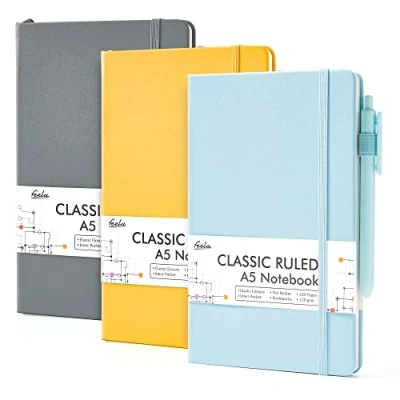 Abbildung von feela Notizbuch A5 liniert Hardcover, Notizbücher Set mit 3 Farben, Journal Buch Gelstifte schwarz, 120 GSM, 13x21cm, Notizblock geeignet für Büro, Schule, Kinder und Erwachsene, Din