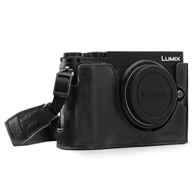 Abbildung von MegaGear MG1442 Panasonic Lumix DC GX9 Ever Ready Echtleder Kamera Halbtasche mit Trageriemen Schwarz