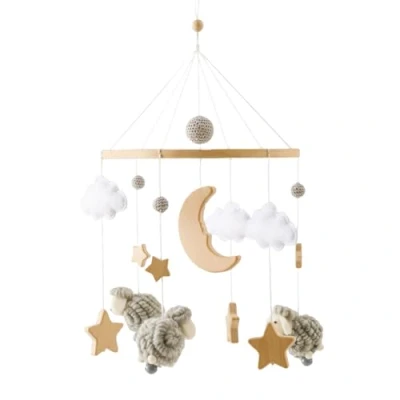 Abbildung von Herfair Mobile Baby Bettglocke mit Sterne Mond Schafe Hölz Mädchen Hängende Windspiel für Babybett Kinderbett (Grau)