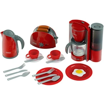Abbildung von Bosch Theo Klein 9564 Frühstücksset Küchen Set bestehend aus Toaster, Kaffeemaschine, Wasserkocher und vielem mehr Verpackungsmaße: 44,5 cm x 13 34 Spielzeug für Kinder ab 3 Jahren