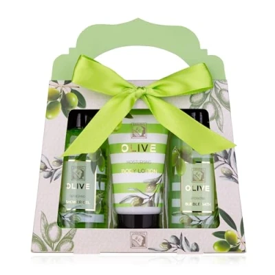Abbildung von Accentra Duschset Frauen Geschenkset OLIVE in schöner Geschenkbox 3 teiliges Pflegeset mit Duschgel, Bodylotion und Schaumbad Wellness Geschenk Set zum Valentinstag, Muttertag &amp; Weihnachten