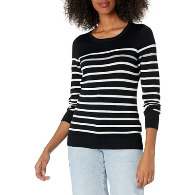 Abbildung von Amazon Essentials Damen Leichter, Langärmeliger Pullover Mit Rundhalsausschnitt (Erhältlich in Übergröße), Schwarz Grau Weiß Streifen, L