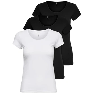 Abbildung von ONLY 3er Pack Damen T Shirt schwarz oder weiß Kurzarm lang Basic Sommer Shirts XS S M L XL 15209153 (Farb Mix 6, XL)