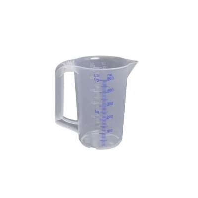 Abbildung von hünersdorff Messbecher 0,5l Polypropylen (PP) bruchsicher und spülmaschinengeeignet geschlossener Griff blaue Skala, Transparent+blau