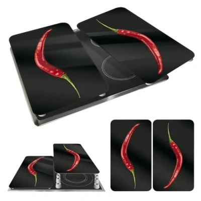 Abbildung von WENKO Herdabdeckplatte Universal Hot Peperoni, 2er Set Herdabdeckung für alle Herdarten, Gehärtetes Glas, 30 x 52 cm, Mehrfarbig