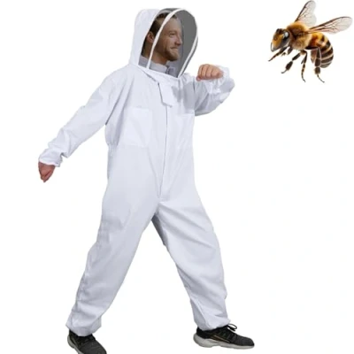 Abbildung von Moontay Baumwoll Ganzkörper Kleidung Imkeranzug Schutzanzug Overall Schutzkleidung mit Schleier Kapuze Mütze Schutz für Imker MEHRWEG weiß
