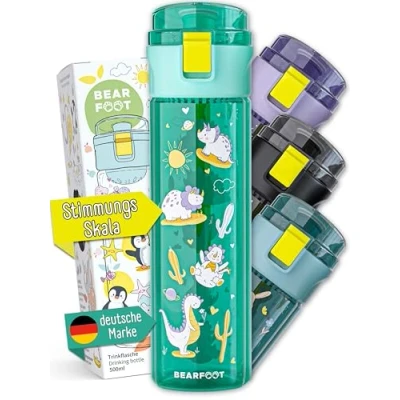 Abbildung von BEARFOOT Trinkflasche Kinder auslaufsicher, 500ml, leichte Tritan Wasserflasche, BPA frei, Kohlensäure geeignet, spülmaschinenfest für Jungen, Mädchen, Kleinkind (Dinos mint, 500ml)