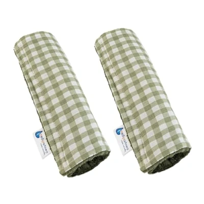 Abbildung von Medi Partners Gurtpolster Kinder 2 Stück Autogurt Polster Gurtschutz für Auto 17x22cm 100% Baumwolle Minky Schulterpolster Kids Gurt Schutz Sicherheitsgurt (Kariert mit olivfarbenem Minky)