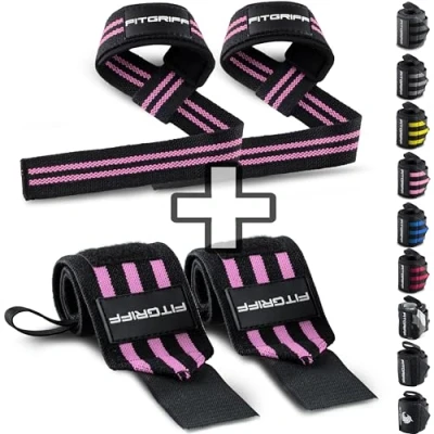 Abbildung von Fitgriff® Handgelenk Bandagen + Zughilfen (2er Set) für Krafttraining, Fitness, Bodybuilding, Gewichtheben, Gym, Kraftsport Frauen und Männer (Black/Pink)