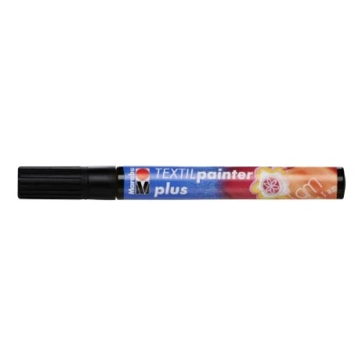 Abbildung von Marabu 01180003073 Textil Painter plus, schwarz 073, Strichstärke ca. 3 mm, Stoffmalstift für helle und dunkle Stoffe, auf Wasserbasis, weicher Griff, nach Fixierung waschbeständig bis 40C