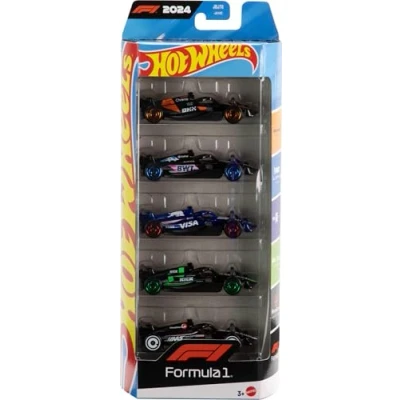 Abbildung von Hot Wheels Spielzeugautos Formel 1 im 5er Pack, Set aus 5 Die Cast Fahrzeugen Maßstab 1:64 mit F1 Racing Team Dekorationen, Rennautos zum Sammeln, JGF58