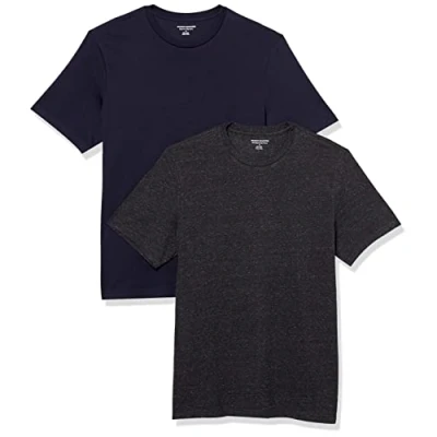Abbildung von Amazon Essentials Herren T Shirt mit kurzen Ärmeln und Rundhalsausschnitt in schmaler Passform, 2er Pack, Dunkelgrau Meliert/Marineblau, L
