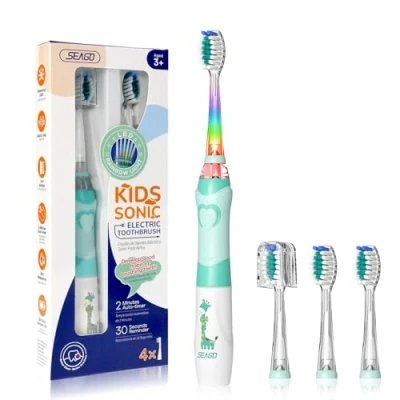 Abbildung von Seago Elektrische Zahnbürste Kinder ab 2, Kinderzahnbürsten mit 4 Extra Weiche Bürstenköpfe und LED Licht, Modi 24000VPM Smart Timer Schallzahnbürste für Kleinkind Mädchen Jungen SG977(Grün)