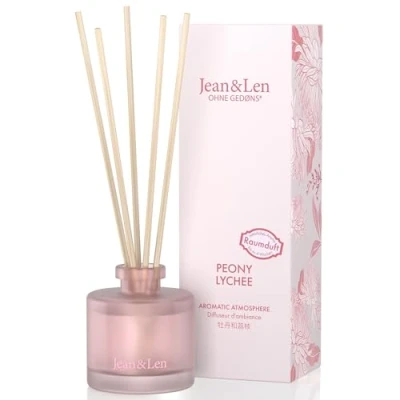 Abbildung von Jean &amp; Len Aromatic Atmosphere Peony Lychee, natürlich duftender Raumdiffusor, floraler Duft vom Parfümeur, hochwertiger Flakon, Raumduft mit Holz Duftstäbchen, vegan, 50 ml