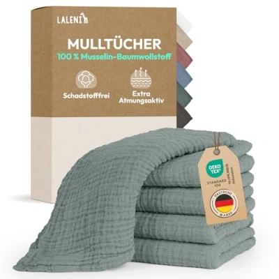 Abbildung von Laleni Spucktücher Baby im 5er Set aus Reiner Baumwolle schadstofffreie Mulltücher 70x70 saugstarke Mussellintücher Musselin Tuch als Mullwindel waschbare Grün