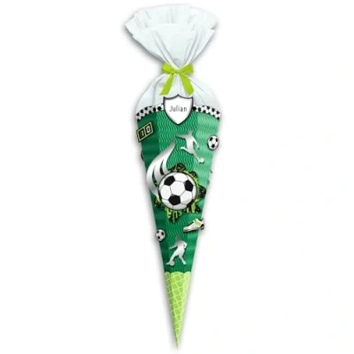 Abbildung von Ursus 9890003 Schultüten Bastelset Easy Line mini Fußballspiel, Grün, 6 eckig, vorgestanzte 3D Colorwellpappe, 41 cm, Durchmesser ca. 15 zum Basteln einer individuellen Zuckertüte