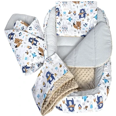Abbildung von Medi Partners 5 teilig Babynestchen Set Babynest 100x60x15 herausnehmbarer Einsatz Bett Kuschelnest Krabbeldecke Babys Neugeborene 100% Baumwolle (Boho mit Beige Minky)