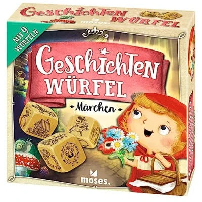 Abbildung von moses. 90147 Geschichtenwürfel Märchen, 9 märchenhafte Erzählwürfel für Kinder, kreatives Würfelspiel mit extra großen Holzwürfeln, Kinderspiel 1 6 Spieler ab Jahren