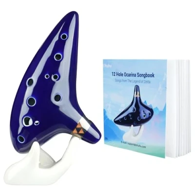 Abbildung von Ohuhu Zelda Ocarina, 12 Loch Okarina von the Legend of Zelda, Alto C Triforce Link Cosplay Geschenk für Fans mit Ausstellungsstand Schutztasche Notenschrift, Ceramic Replica, Blau