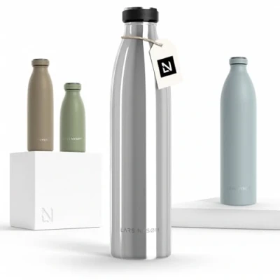 Abbildung von LARS NYSØM Edelstahl Trinkflasche 350ml, 500ml, 750ml, 1L, 1 5 liter Thermosflasche Kohlensäure geeignet Auslaufsichere Wasserflasche für Sport, Outdoor, Schule (Mirror Silver, 1000ml)