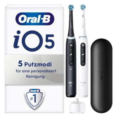 Abbildung von Oral B iO Series 5 Elektrische Zahnbürste/Electric Toothbrush, Doppelpack, 2 Aufsteckbürsten, Putzmodi für Zahnpflege, Reiseetui, matt black