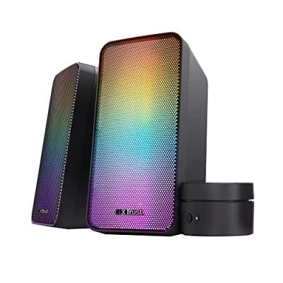 Abbildung von Trust Gaming GXT 611 Wezz 2.0 PC Lautsprecher mit RGB LED Beleuchtung, 12 W (6 RMS), 3,5 mm AUX Klinke, USB Soundsystem, Stereo Computer Boxen für PC, Laptop, Tablet, Desktop Schwarz