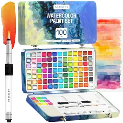 Abbildung von Artistro Aquarellfarben Set 100 Farben in Tragbarer Box Inklusive Metallic und 7 Fluoreszenzfarben, Wasserfarben mit Aquarellpapier, Pinsel andere Zeichnung Werkzeuge, für Künstler Hobbymaler
