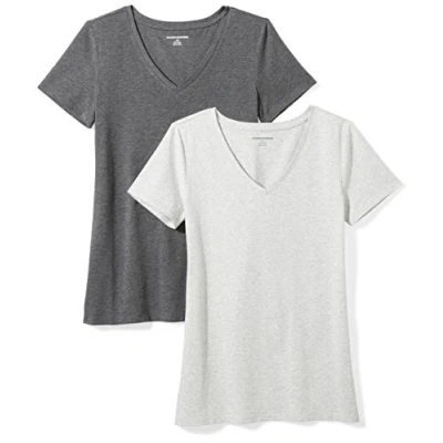 Abbildung von Amazon Essentials Damen Kurzärmeliges T Shirt mit V Ausschnitt, Klassischer Schnitt, 2er Pack, Dunkelgrau Meliert/Hellgrau Meliert, L