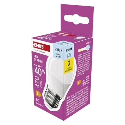 Abbildung von EMOS LED Lampe Mini Globe, 4,2W Ersatz für 40W Glühbirne, kleine Birne mit E27 Sockel, Helligkeit 470 lm, Kaltweiß 6500 K, 30000 h Lebensdauer, CRI min. 80, 150 Abstrahlwinkel