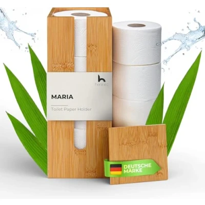 Abbildung von HENNEZ Toilettenpapier Aufbewahrung Bambus 4 Rollen Klopapier mit Deckel &amp; Ablage Ersatzrollenhalter Toilettenpapierhalter Klopapierhalter stehend Klorollenhalter Klorollenaufbewahrung WC Papier