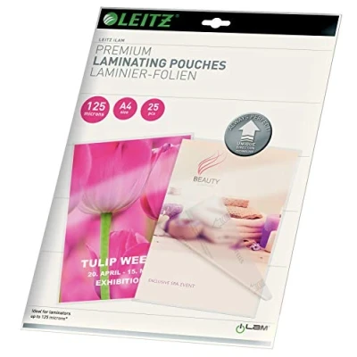 Abbildung von Leitz Heißlaminierfolien A4 125 mic, Laminierfolien in Premium Qualität im 100er Pack, Glänzend, Transparent, Vereinfachtes Einlegen durch UDT, iLAM, 74810000