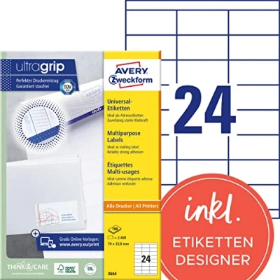 Abbildung von AVERY Zweckform 3664 Adressaufkleber (2.400 Klebeetiketten, 70x33,8mm auf A4, Papier matt, individuell bedruckbare Absenderetiketten, selbstklebende Adressetiketten mit ultragrip) 100 Blatt, weiß