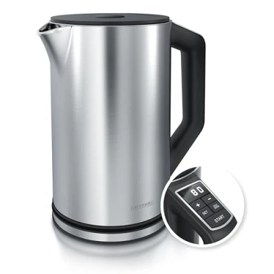 Abbildung von Arendo Edelstahl Wasserkocher mit Temperatureinstellung 40 100 Grad in 5er Schritten Doppelwand Design Modell ELEGANT 1,5 Liter 2200 W Teekocher Temperaturanzeige GS Vulkangrau
