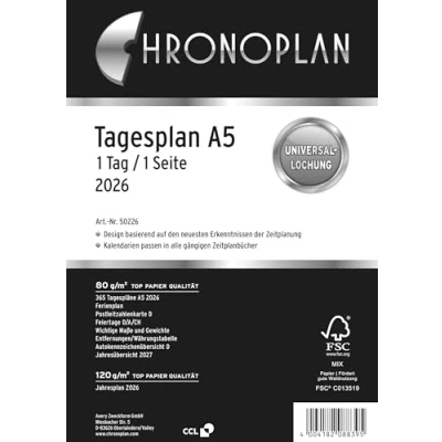 Abbildung von Chronoplan 50226 Kalendereinlage 2026 (Tagesplan A5 (148x210mm), Ersatzkalendarium für Terminplaner, Tagesplaner, ideal detaillierte Tagesplanung, 1 Tag auf Seite, mit Universallochung) weiß