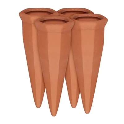 Abbildung von Relaxdays Tonkegel Bewässerung 4er Set, Pflanzen Wasserspender Ton, Wein und PET Flaschen Bewässerungskegel, Terracotta, Orange