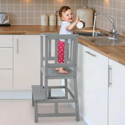 Abbildung von COSYLAND Lernturm für Kinder, FSC® Zertifiziertes Natürlicher Bambus, Stylisch Kippschutz Lernturm, Höchste Sicherheit, Montessori ab 1 Jahr Küche Tisch Bad (Grau)