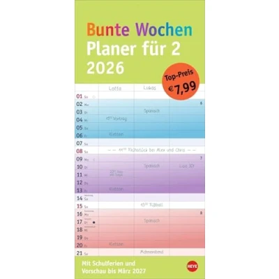 Abbildung von Bunte Wochen Planer für 2 2026: Praktischer Wandplaner zwei mit 3 Spalten. Wandkalender Schulferien und Monats Ausblick aufs Folgejahr. ... 2026 zum Eintragen. (Familienplaner Heye)