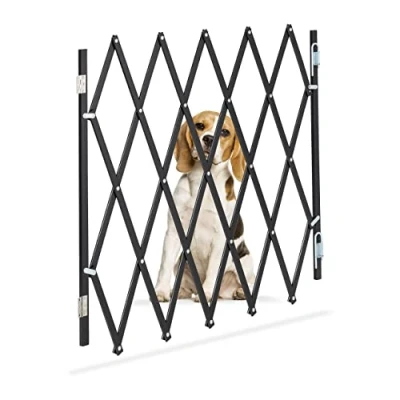 Abbildung von Relaxdays Hundeabsperrgitter, ausziehbar bis 118 cm, 69 82,5 cm hoch, Bambus, Hunde Schutzgitter, Treppe &amp; Tür, schwarz, L