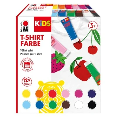 Abbildung von Marabu 0308000000011 KiDS T Shirt Farbe, Stoffmalfarbe zum Gestalten, 12 x 36 ml, nach Fixierung waschbeständig bis 60 C, für Kinder ab 3 Jahren