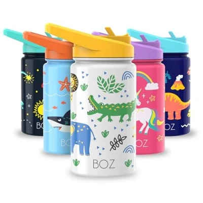 Abbildung von BOZ Kinder Trinkflasche Schule Junge Kohlensäure Geeignet Auslaufsichere Edelstahl mit Strohalm Safari 400 ml