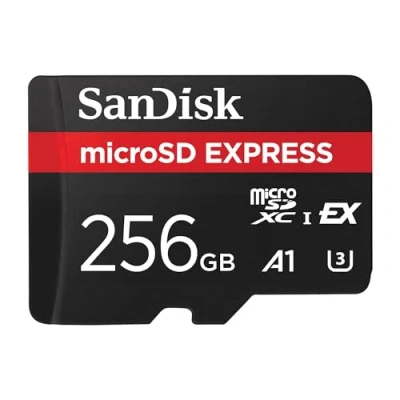 Abbildung von SanDisk microSD Express Speicherkarte 256 GB (Ideal für 4K UHD &amp; RAW Bildaufnahmen, Lesen bis zu 880 MB/s Schreiben 650 MB/s, RescuePRO Deluxe,)
