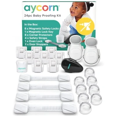Abbildung von Aycorn Kindersicherung Set (24 Teile): Magnetisches Schrankschloss, Eckschutz, Türstopper, Ofenschloss Schrank, Schubladen &amp; Tür ohne Bohren BONUS Video