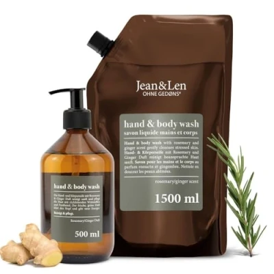 Abbildung von Jean &amp; Len Hand Body Wash Rosemary und Ginger, mit reinigt pflegt die Haut, ohne Parabene, Silikone Mikroplastik, Glasflasche 500 ml Nachfüllpack 1,5L im praktischen Set
