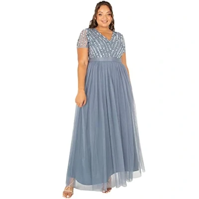 Abbildung von Maya Deluxe Damen Maxi Abendkleid Elegant Hochzeit V ausschnitt Brautjungfernkleid Empiretaillierung Abschlussball Bridesmaid Dress, Dusty Blue, 44 EU
