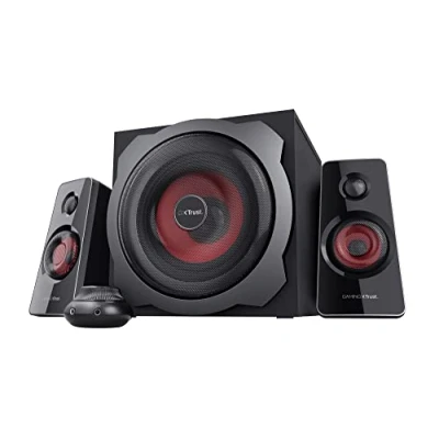 Abbildung von Trust Gaming GXT 38 2.1 Lautsprechersystem mit Subwoofer (für Smartphone/PC Tablet, 120 Watt), 19023, Schwarz/Rot