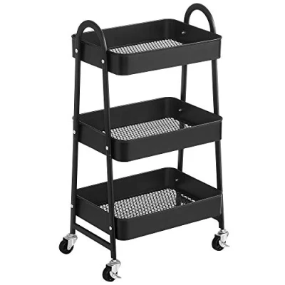 Abbildung von SONGMICS Rollwagen mit 3 Ebenen, Servierwagen aus Metall, Küchenwagen, Küchenregal Griffen, 2 Bremsen, einfacher Aufbau, für Malutensilien, Schlafzimmer, Waschküche, schwarz BSC068B01
