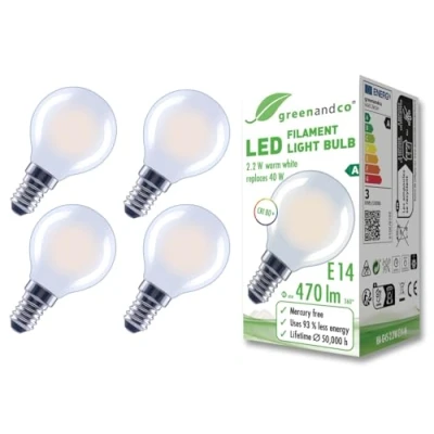 Abbildung von greenandco 4x Glühfaden LED Lampe matt E14 G45 2,2W 470lm ersetzt 40W 2700K warmweiß 320 230V flimmerfrei Energieeffizienzklasse A nicht dimmbar