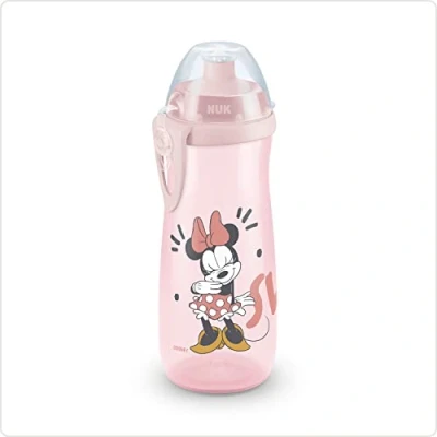 Abbildung von NUK Polypropylen (PP) Sports Cup Kinder Trinkflasche 24+ Monate auslaufsichere Push Pull Tülle Clip und Schutzkappe BPA frei 450 ml Disney Minnie Maus (rosa)